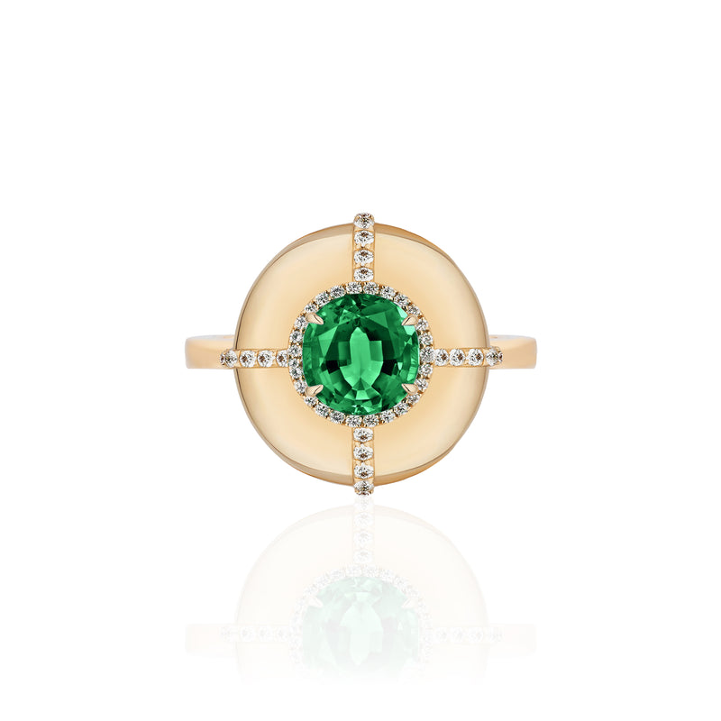18k yellow gold round emerald ring with diamonds by Goshwara Tiny Gods