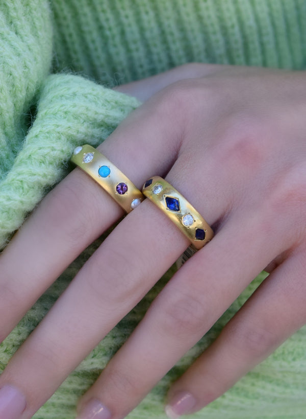 18k yellow gold gypsy ring with cabochon turquoise, pearl and amethyst ring by Jenna Blake Tiny Gods 