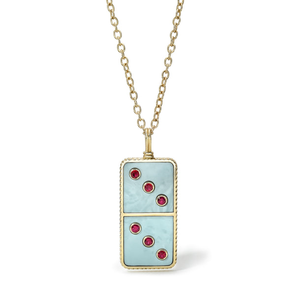 14k yellow gold domino pendant with light blue turquoise inlay and ruby stones by Retrouvai Tiny Gods