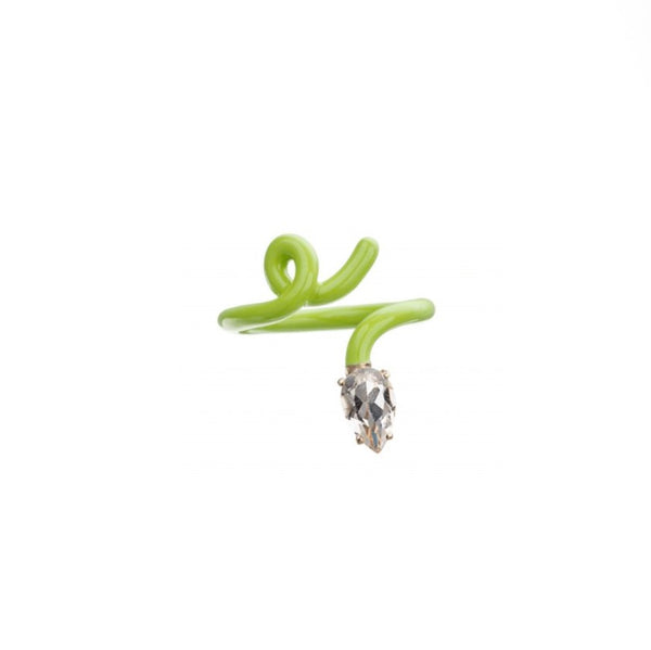 Bea Bongiasca lime green baby vine enamel ring in 9k yellow gold and silver with a pear shaped rock crystal.