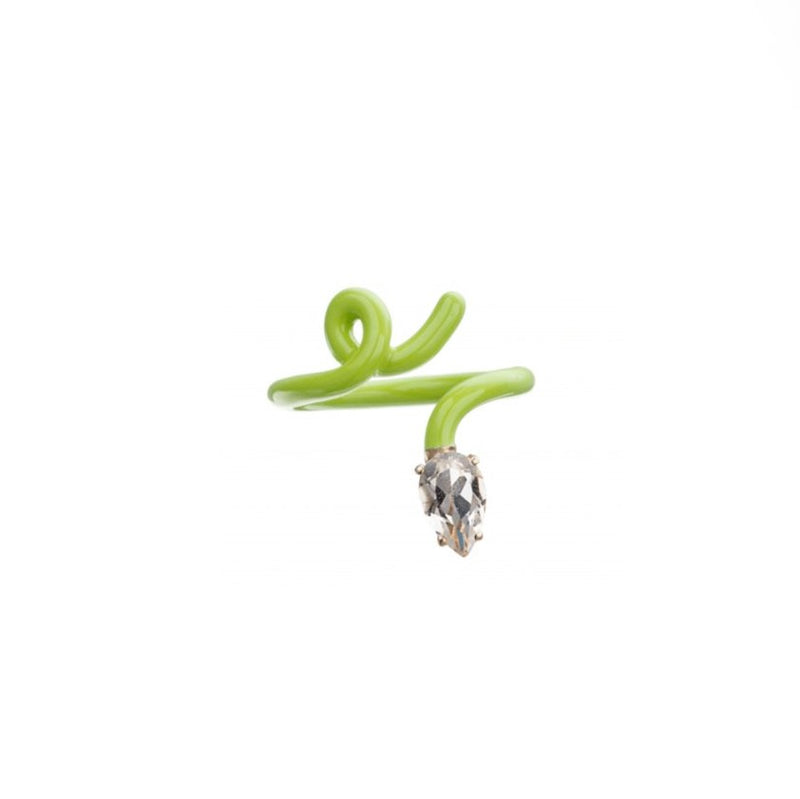 Bea Bongiasca lime green baby vine enamel ring in 9k yellow gold and silver with a pear shaped rock crystal.