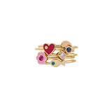 18k yellow gold Little Promises rings with charm motifs, red enamel heart with diamond, a pink flower with ruby, a gold fish with emerald eye, a diamond and a water ring with blue sapphire Little Promises Ring by Aisha Baker Tiny Gods