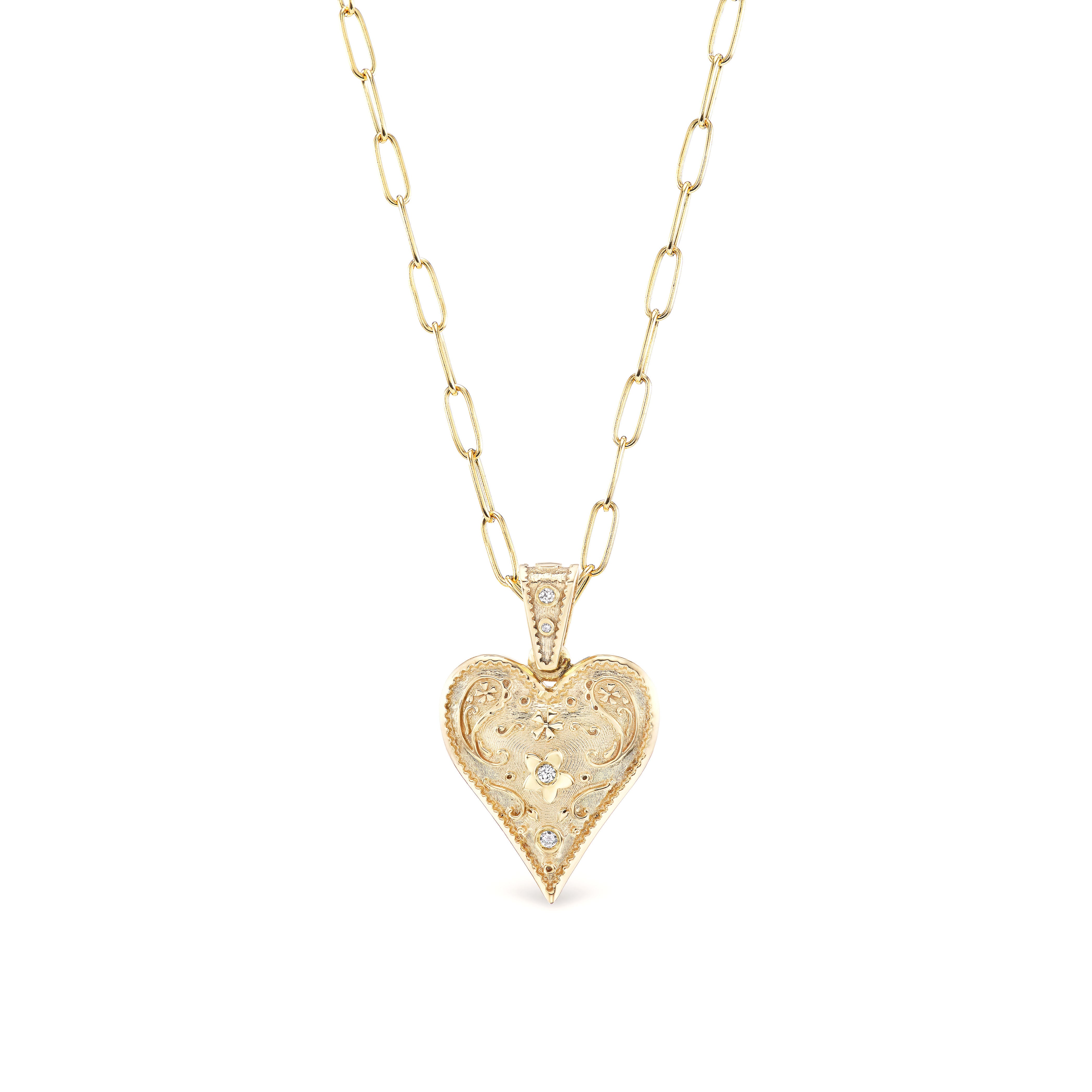 14k yellow gold small southwestern heart charm necklace with diamonds and western motif on a 16" wheat chain by Marlo Laz Tiny Gods 