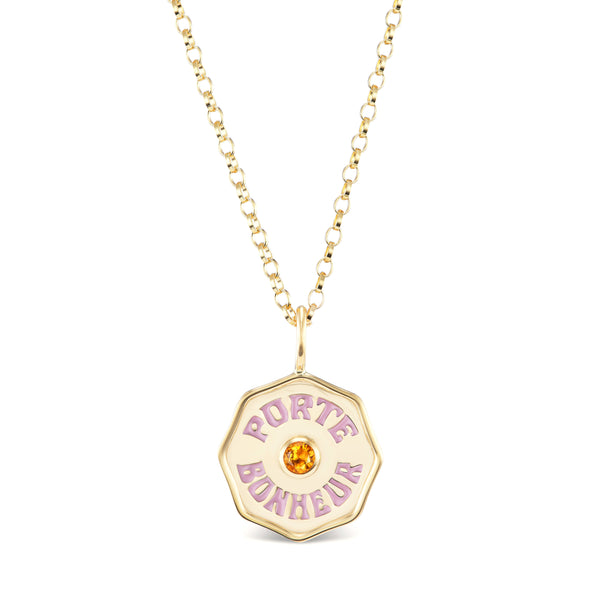 14k yellow gold porte bonheur charm with light pink enamel and citrine with bail by Marlo Laz Tiny Gods