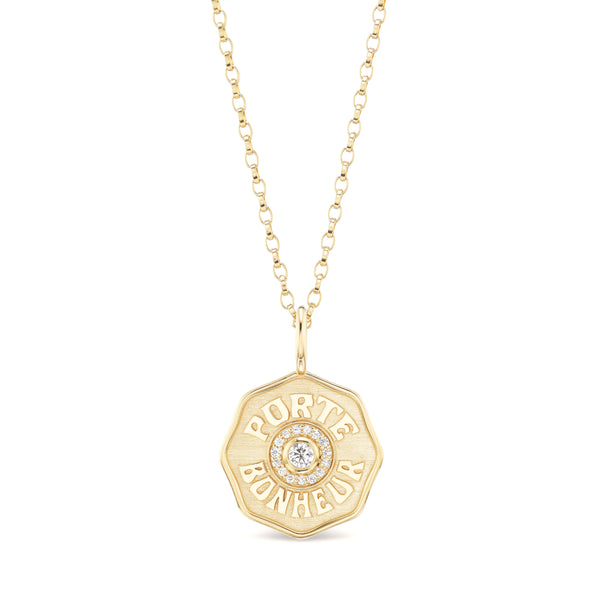 14k yellow gold porte bonheur mini diamond necklace with raised letters and diamond halo by Marlo Laz Tiny Gods
