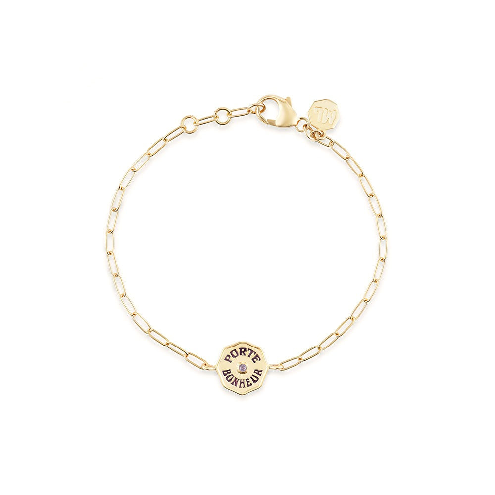 14k yellow gold petite porte bonheur bracelet with eggplant enamel and amethyst center by Marlo Laz Tiny Gods