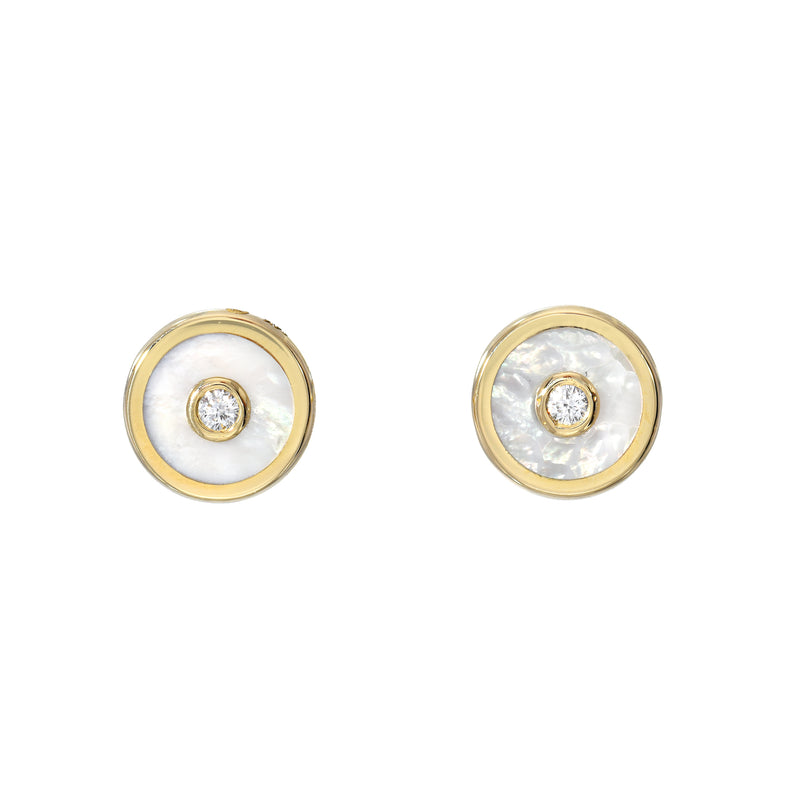 18k yellow gold mini compass studs with stone inlay and diamonds by Retrouvai