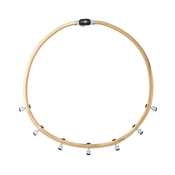 Feelings Necklace with Round Diamonds 18k white and yellow gold with black enamel by Nikos Koulis made in Greece snake chain at Tiny Gods