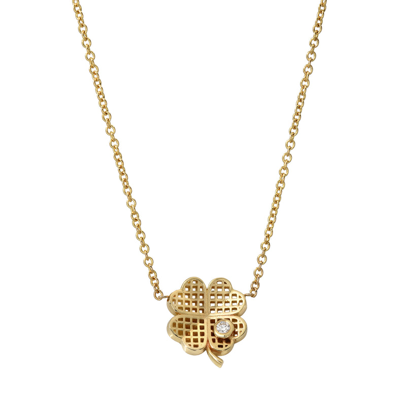18k yellow gold waffle clover pendant with diamond by Retrouvai
