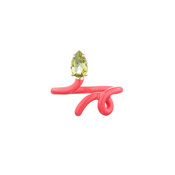 Bea Bongiasca hot pink enamel baby vine ring in 9k yellow gold and silver with pear shaped peridot.