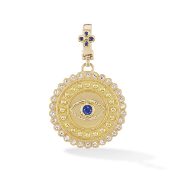 18k yellow gold evil eye pendant with blue sapphires by Orly Marcel