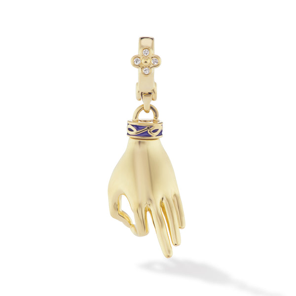 18k yellow gold Gyan Mudra hand pendant with blue sapphires by Orly Marcel