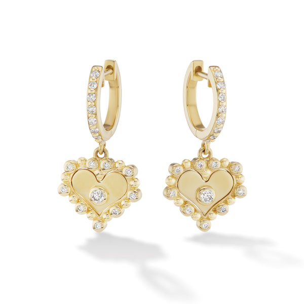 18k yellow gold heart huggie earrings with diamonds by Orly Marcel