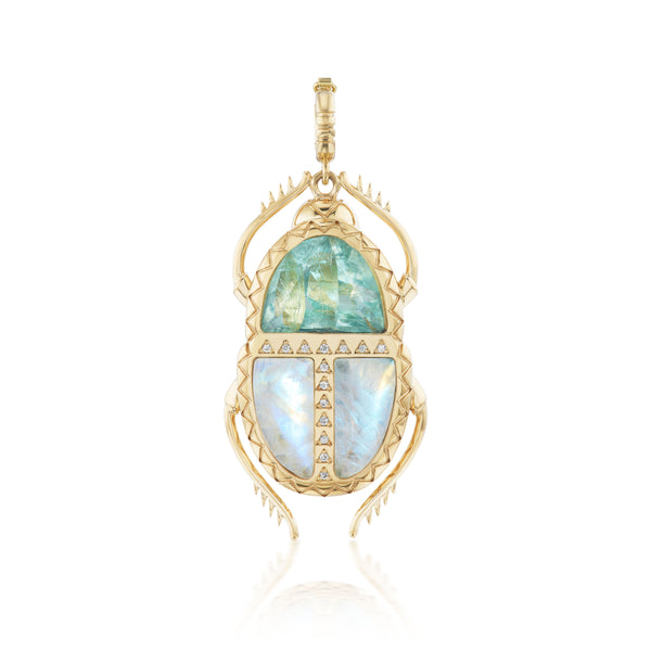 18k yellow gold one of a kind florite and moonstone scarab pendant with diamonds by Harwell Godfrey Tiny Gods