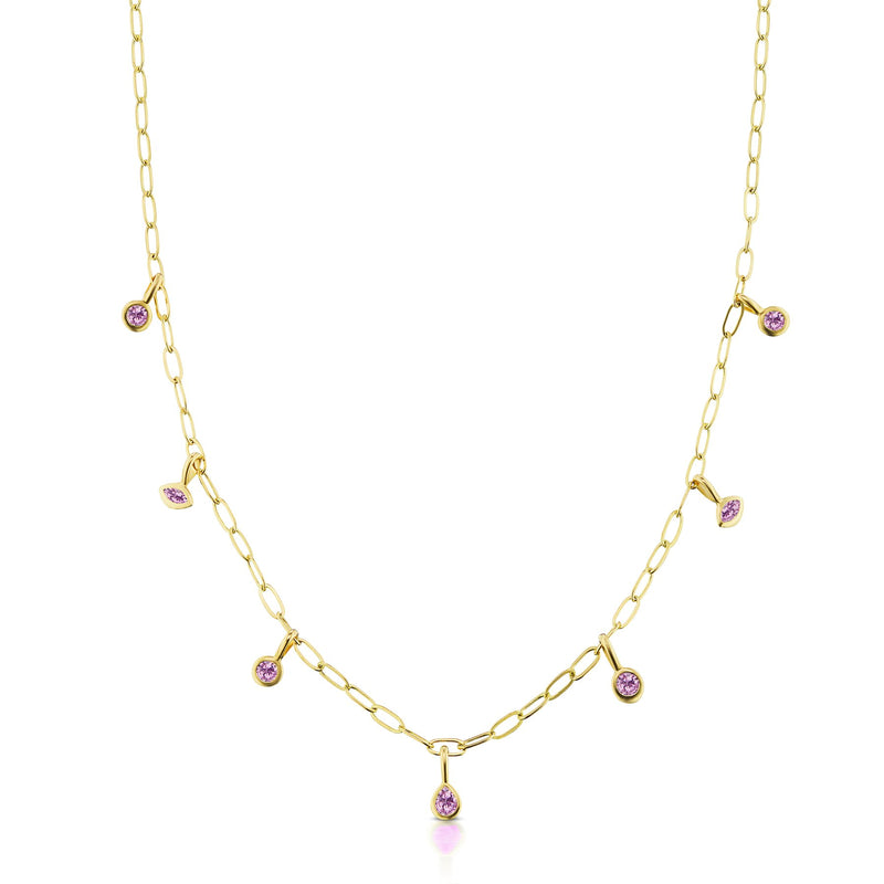 18k yellow gold multi-shape pink sapphire bezel necklace by Sorellina