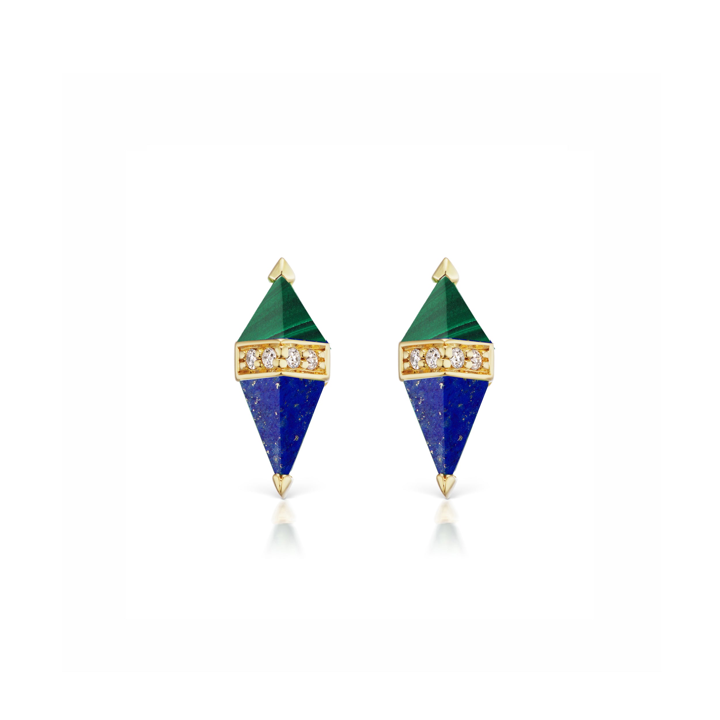 18k yellow gold pietra studs with malachite, lapis and diamonds by Sorellina Tiny Gods