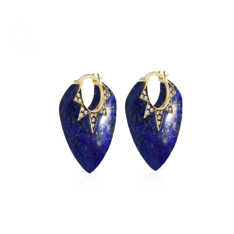 Lapis Guitar Pick Earrings 18k yellow gold with diamond huggie blue earrings by Sorellina Tiny Gods