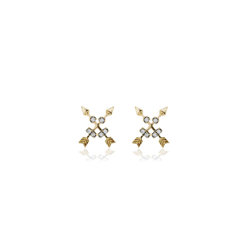 18k yellow gold Crossed Arrow Studs with diamonds by Sorellina Tiny Gods