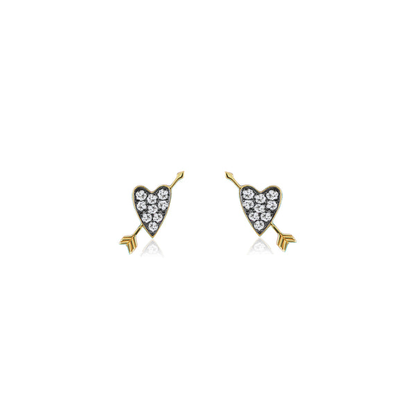 18k yellow gold heart studs with black rhodium detail and diamonds by Sorellina