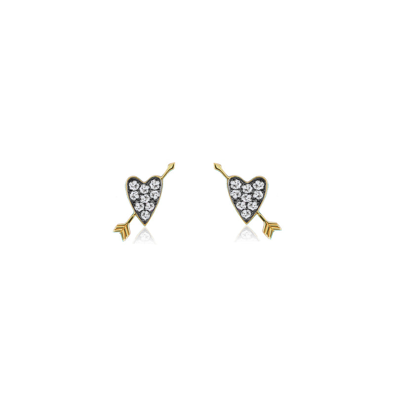 18k yellow gold heart studs with black rhodium detail and diamonds by Sorellina