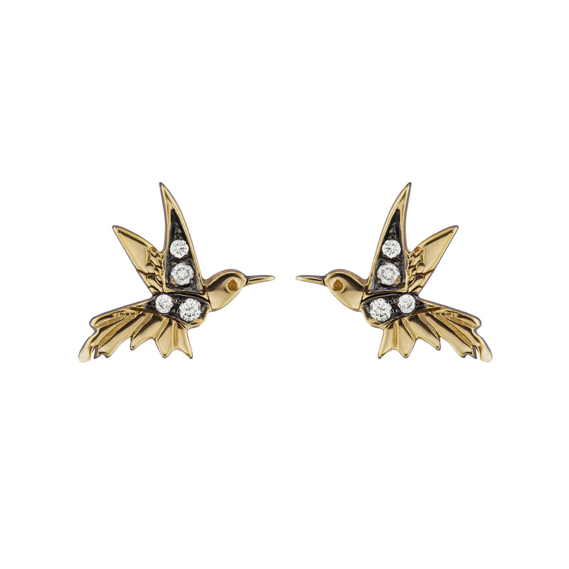 18k yellow gold hummingbird stud earrings with diamonds and rhoidum by Sorellina