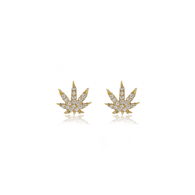 18k yellow gold and diamond pot weed marijuana Cannabis Studs earrings by Sorellina Tiny Gods