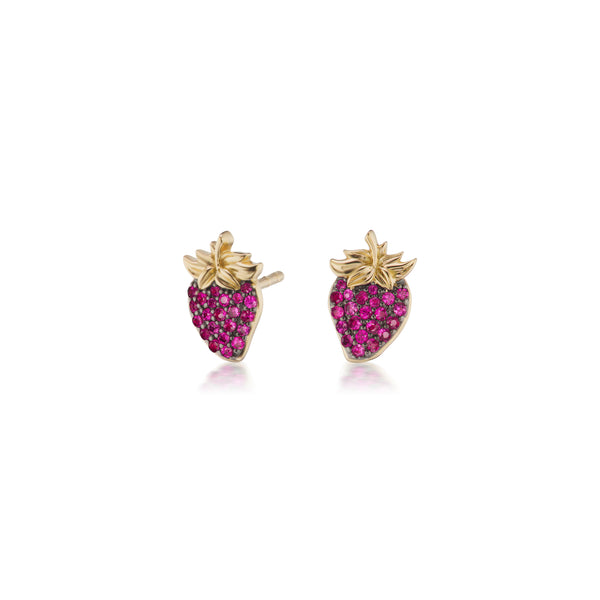 18 k yellow gold strawberry stud earrings with rubies and rhodium detail by Sorellina