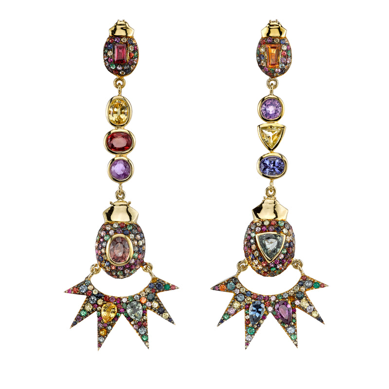 18k yellow gold and multicolor sapphire beetle statement long drop earrings by Daniela Villegas at Tiny Gods Pow Wow
