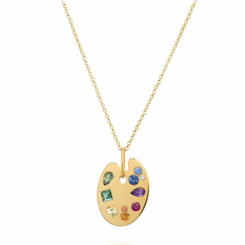 18K yellow gold art paint palette pendant with rainbow gemstones necklace made by Sauer made in Brazil