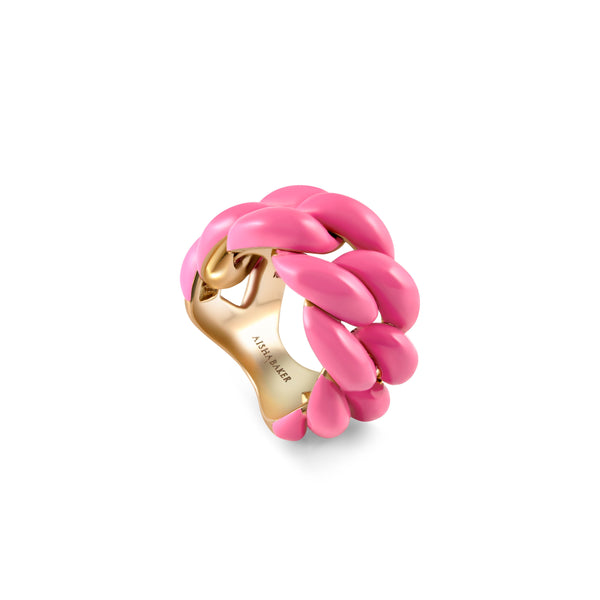 18k yellow gold pink enamel chain ring Pink Chain Reaction Ring by Aisha Baker Tiny Gods
