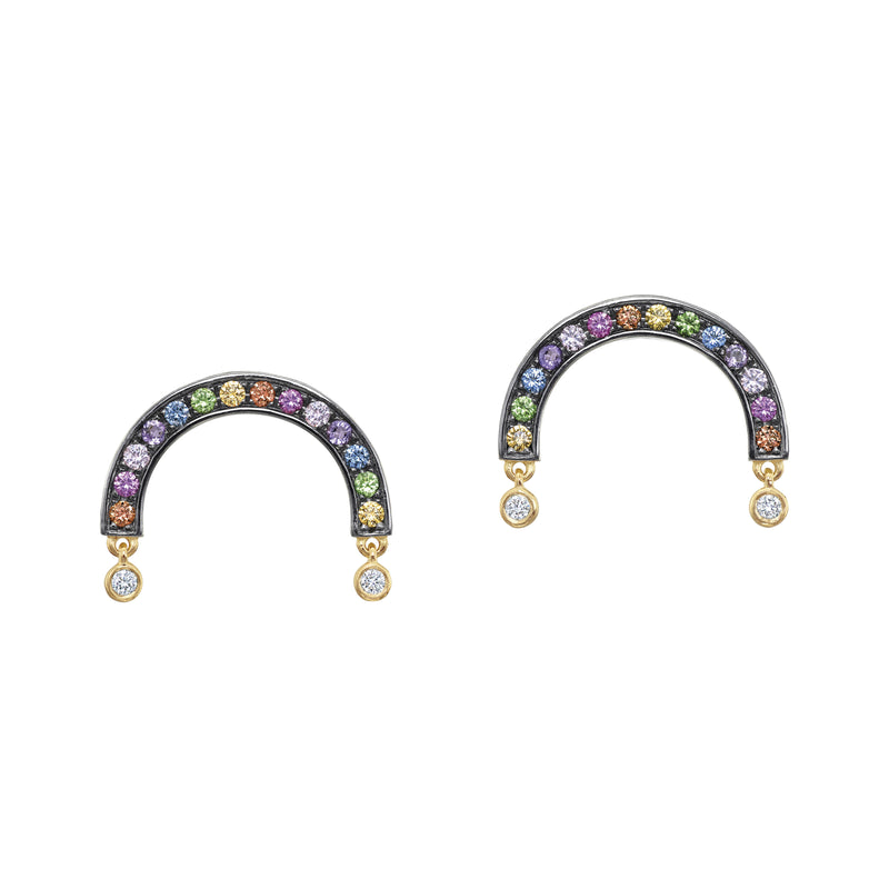 Rainbow Earrings with diamonds 18k yellow gold and diamond sapphire tsavorite drops by Sauer 