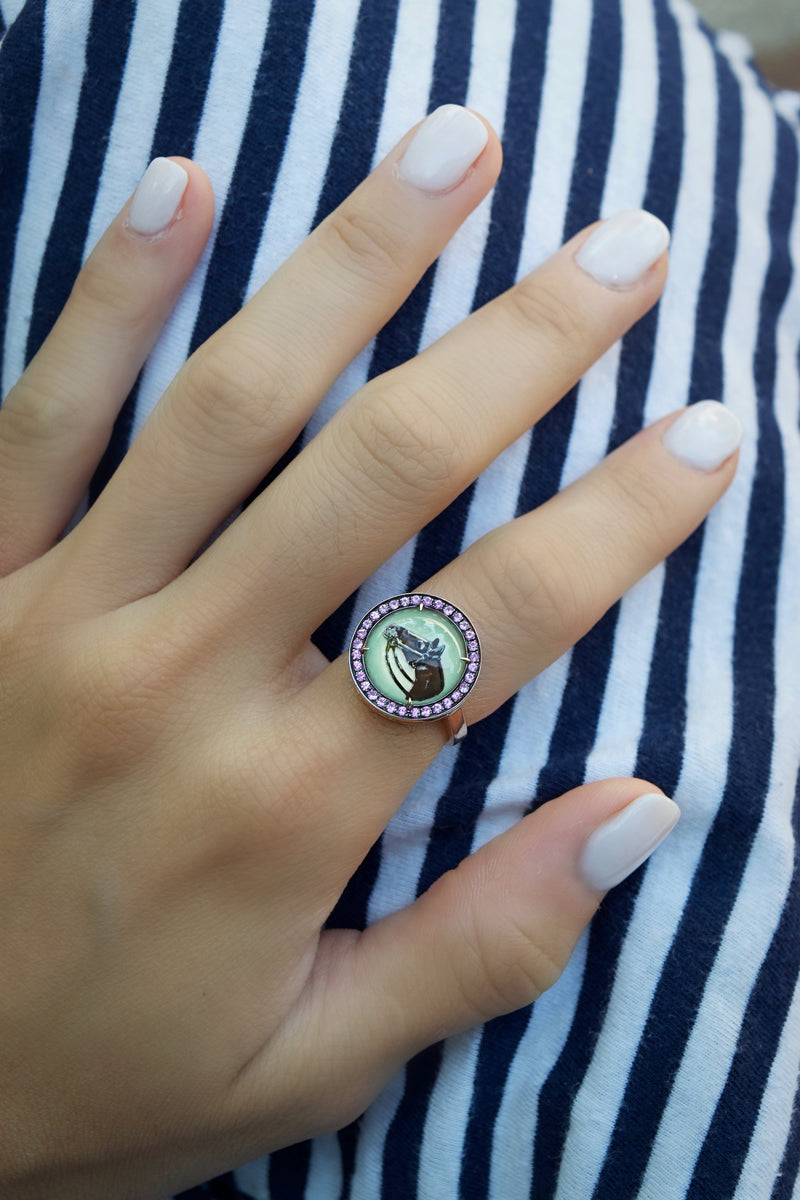 18K rose gold hand painted crystal with pink sapphire pave halo Being Crystal Riding in the Wind Ring by Francesca Villa Equestrian Jewelry at Tiny Gods