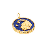 Sauer zodiac pendant with bezel set lapis lazuli features a Capricorn zodiac motif with 2 diamond stars and a goat with 3 diamonds set in 18k yellow gold.