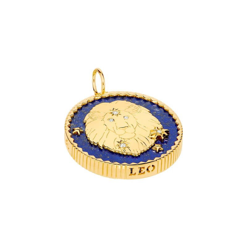 18k yellow gold lapis lazuli pendant with 5 diamonds and Leo engraving by Sauer 