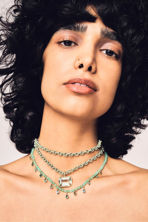 18K yellow gold chyrsoprase and prasiolite beaded choker style Uirapuru Necklace by Sauer Brazil at Tiny Gods on model