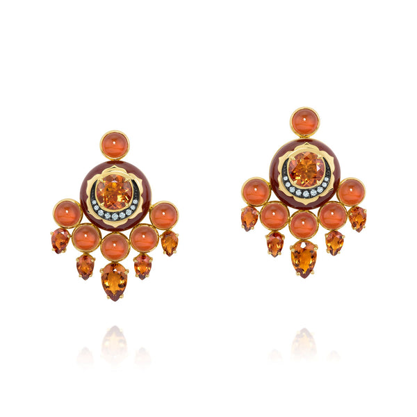Sauer 18k yellow gold sacral earrings with reddish agate, citrine and diamonds. 