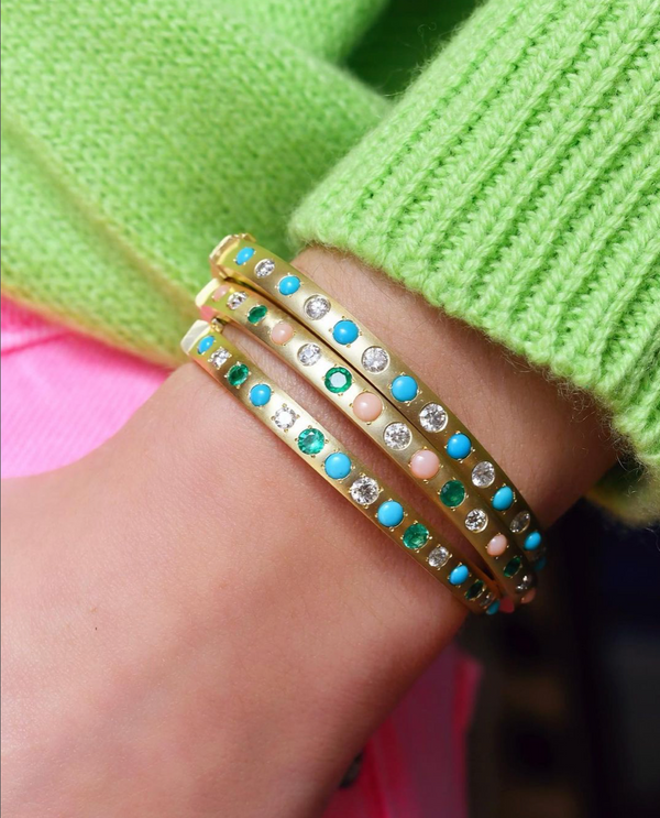 18K yellow Turquoise, Emerald & Diamond Gypsy Bangle Bracelet by Jenna Blake  on wrist model