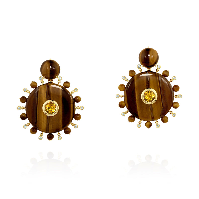 Sauer 18k yellow gold earrings with tiger's eye, citrine and diamonds. 