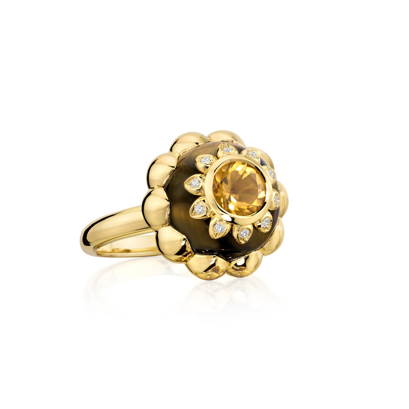 18k yellow gold floral Solar Plexus Ring with tigers eye citrine and diamond by Sauer Tiny Gods
