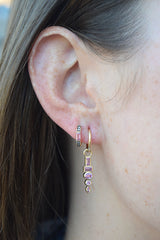 18k yellow gold pink sapphire monroe totem huggie earrings with multi shape bezel set pink sapphires by Sorellina Tiny Gods
