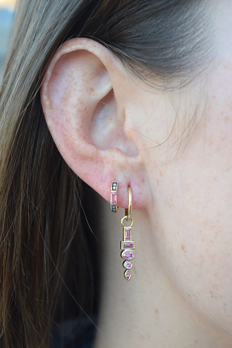 18k yellow gold pink sapphire monroe totem huggie earrings with multi shape bezel set pink sapphires by Sorellina Tiny Gods