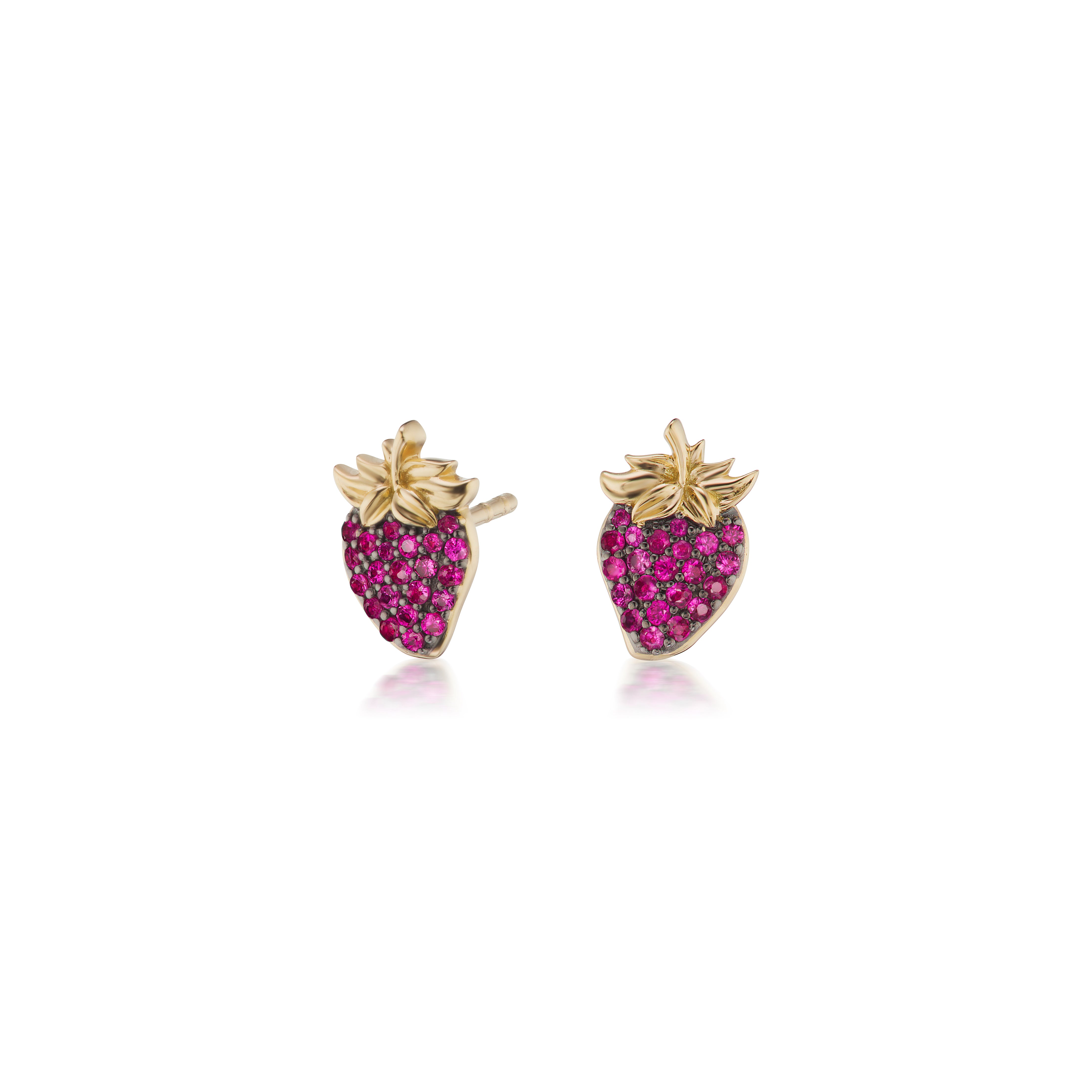 18 k yellow gold strawberry stud earrings with rubies and rhodium detail by Sorellina