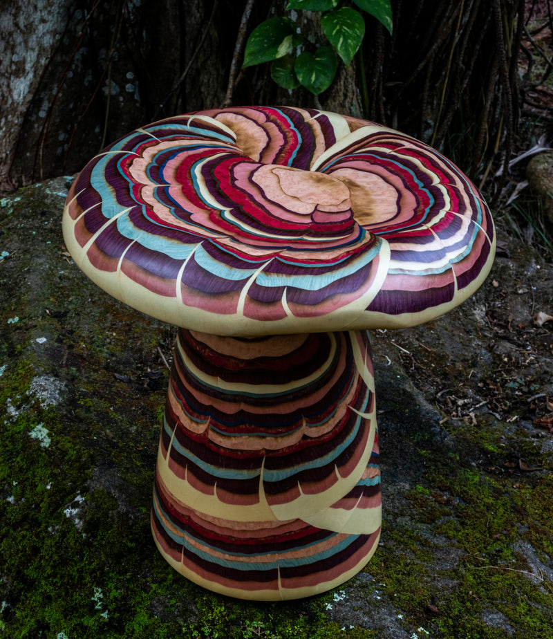 Silvia Furmanovich Home Collection Marquetry Mushroom Stool Red and Purple Wooden seat at Tiny Gods
