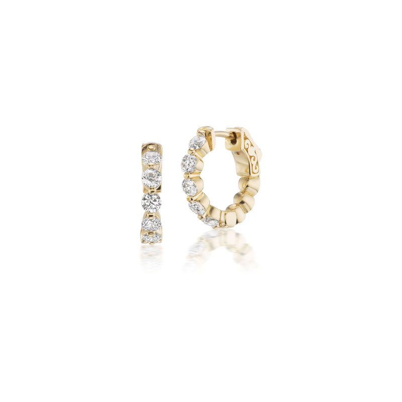 14K Yellow Gold Diamond Mini-Hoop Earrings shared prong set huggie earrings Tiny Gods