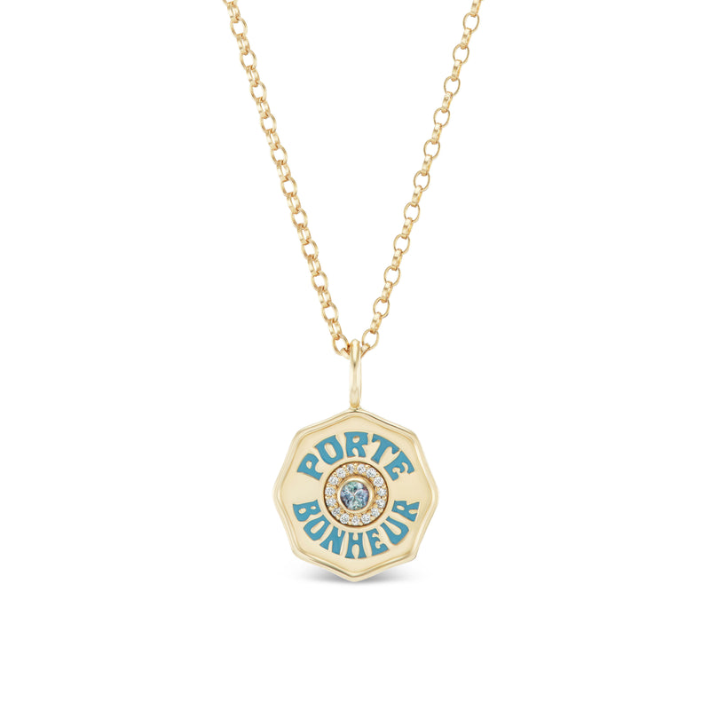 Marlo Laz Mini Porte Bonheur Charm Necklace with Alexandrite teal enamel and diamond porte Bonheur charm pendant with rolo chain Tiny Gods