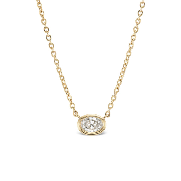 14K yellow gold bezel set Oval Diamond Pendant Necklace Solitaire Tiffany style Tiny Gods