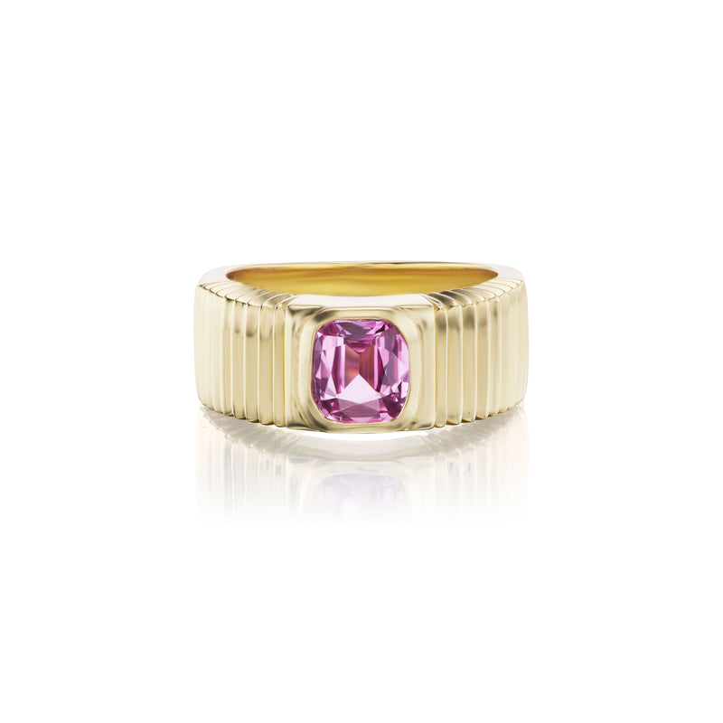 Pink Sapphire Pleated Band 14K yellow gold by Retrouvai cushion cut bubble gum sapphire ring Tiny Gods