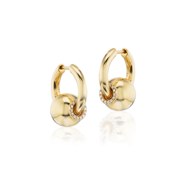 14k yellow gold Huggies with diamond ball piercing earrings by Rainbow K Tiny Gods