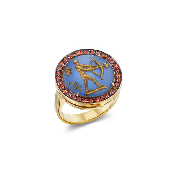 18K yellow gold Being Crystal Sagittarius Ring Crystal Zodiac Collection by Francesca Villa with yellow sapphires hand painted Tiny Gods on hand