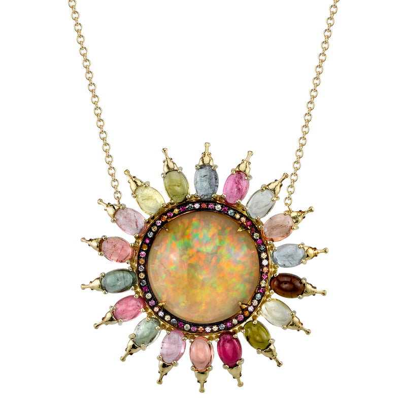 18K yellow gold with rhodium Circle of Life Necklace opal pendant with multicolor tourmaline and sapphire by Daniela Villegas at Tiny Gods